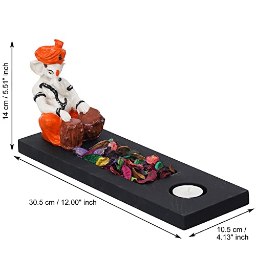 Image of eCraftIndia Orange White Resin Lord Ganesha Idol Playing Tabla Showpiece Potpourri Rectangle Tea Light Candle Holder| Ganpati Murti Tea Light Holder Diwali Decoration Items for Home Decor| Diwali Gift