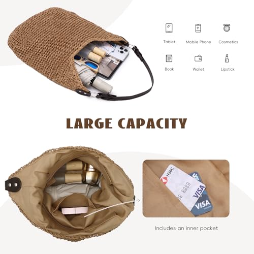 Bolso Hobo grande de paja tejido para mujer miniatura 4