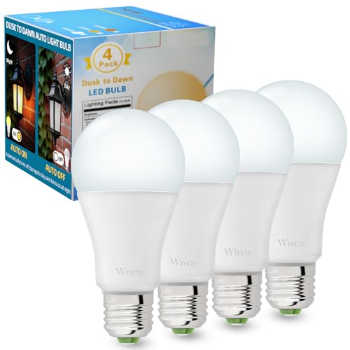 Wivety Lampadina LED E27 luce Fredda con Sensore Crepuscolare, Bianca Fredda 6000K 10W(70W Equivalent), 900 Lumen, Non-Dimmable, On/Off Automatica Lampadine LED per Portico, Garages, Giardino(4 Pezzi)