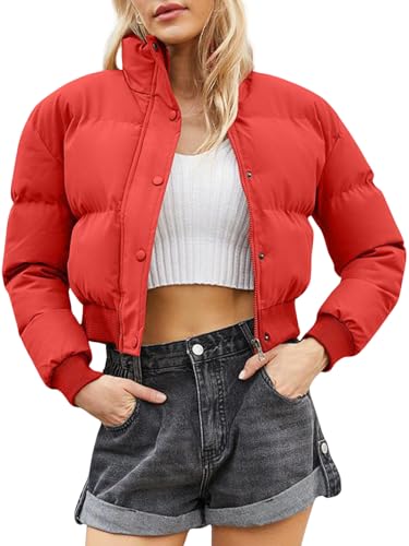 Womens Winter Down Jackets Stand Collar Button Down Cropped Water Resistant Warm Padded Quilted Coat