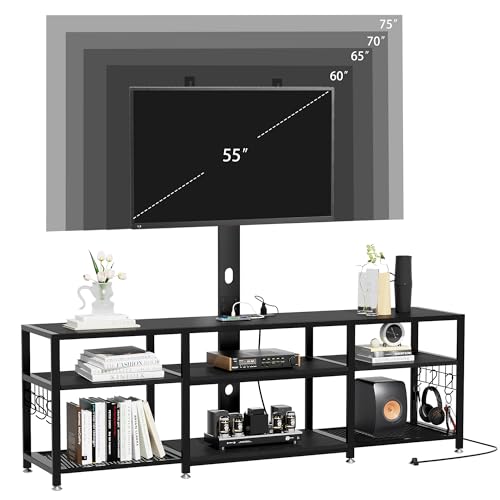 Image of VECELO TV Stand with Mount and Power Outlet, Height Adjustable Entertainment Center with Storage Shelves for 32 /55 /65 /70 /75 inches Televisions, Console Table for Living Room, Bedroom, Matte Black