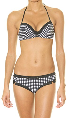 Maillot de Bain Femme 2 pièces Push Up avec Bretelle Autour du Cou Motif à Carreau Noir et Blanc (36) Cover