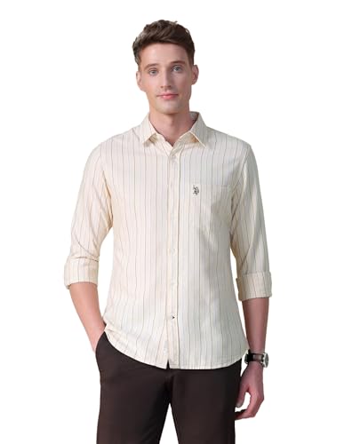 U.S.Polo Association Men's Vertical Striped Tailored Fit Shirt (USSHTOE2040_Light Yellow_39) Deal