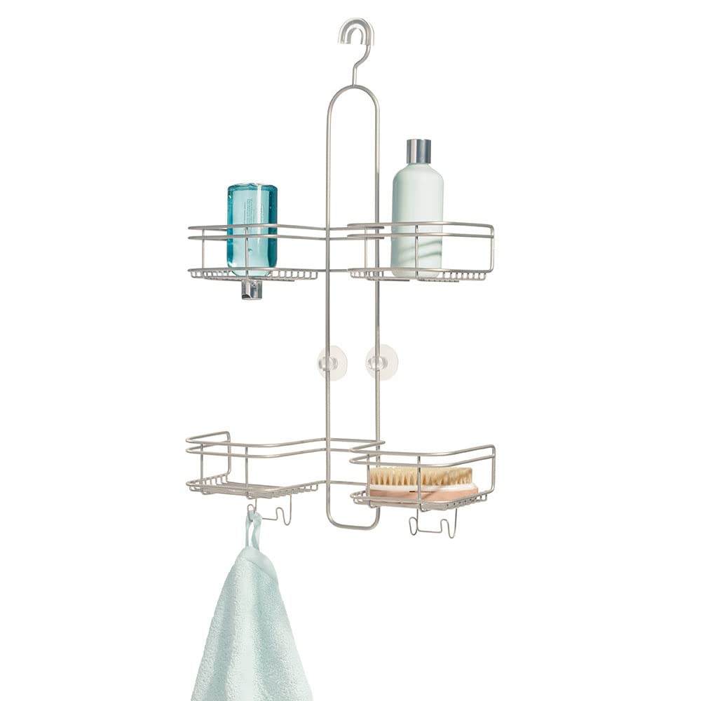 iDesign Estantería sin Taladro, Organizador de Metal con 4 cestas de almacenaje y Dos Ganchos Dobles, Organizador Colgante para champú, Gel y Accesorios de baño, Plateado Mate