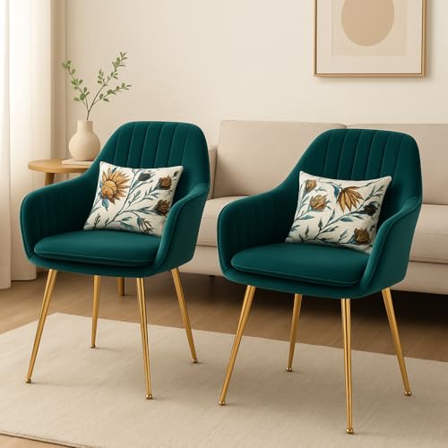 Image of Velvet Chair with for Home | Modern Accent Armchair in Soft Velvet Fabric with Golden Legs | Set of 2 Premium Accent Chair for Living Room Bedroom (Light Brown Floral) (Green floral pillow)