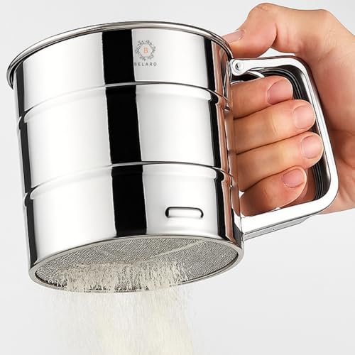 Image of Flour Sifter Stainless Steel Hand Press Atta Chhani - Fine Mesh Baking Sieve Cup for Flour, Sugar, Cocoa & Powder | Rust Resistant, Large Capacity, Easy Clean Kitchen Baking Tool for Home & Bakery