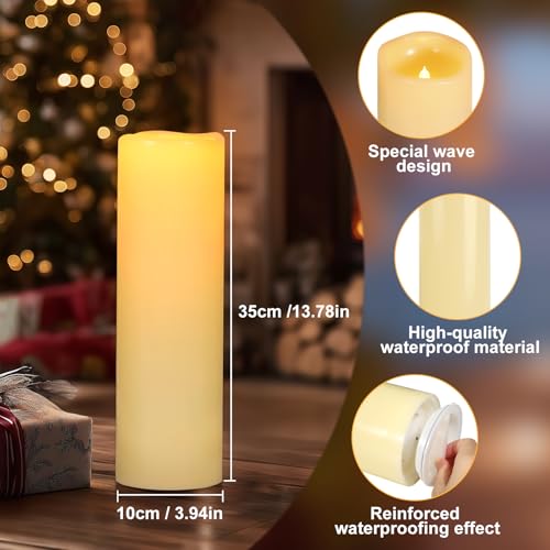Image of 14 inch x 4 inch Large Outdoor Candles Waterproof Flickering LED Flameless Candles Battery Operated with Timer - Realistic LED Pillar Candles with Remote for Wedding Festival Home Decor Ivory 2 Pack