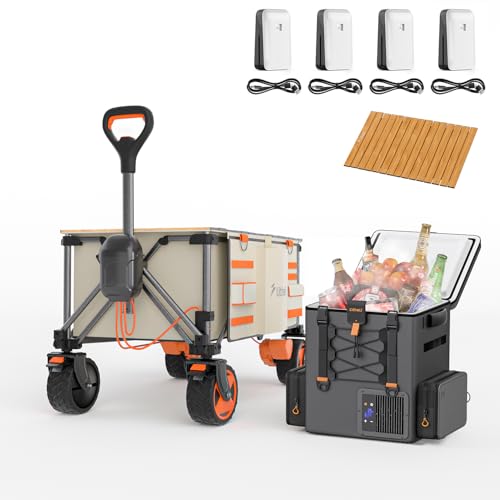 LiTHELi FrozenPack Nevera con batería con carro plegable y mesa, 12/24/240 V, 150 L, 60 kg, carro plegable para camping, viajes, autocaravana, incluye 4 pilas (4 paquetes)