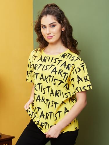 Image of Globus Women Pink Boxy Fit Typography Cotton T-Shirt-3639407001