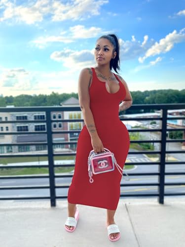 Image of Nimsruc Women Casual Sexy Deep U Neck Tank Top Bodycon Dress Summer Sleeveless Wrap Long Basic Party Club Maxi Dresses
