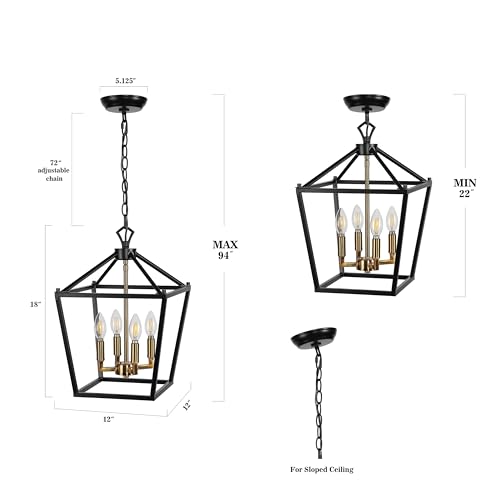 Image of JONATHAN Y Pagoda 4-Light Pendant 12 inch Cage, Oil Rubbed Bronze /Brass Gold | Traditional Metal Farmhouse Hanging Lantern Ceiling Fixture, Adjustable Chain Link, For Kitchen Island, LED Bulb Included