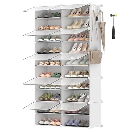 SONGMICS Étagère à Chaussures 10 Compartiments, Étagère de Rangement Modulable, Compartiment de 30 x 40 x 30 cm, avec Porte, Cadre en Acier, Panneaux en Plastique, Blanc LPC035W01