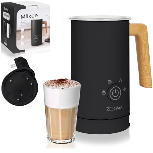 Zeegma Milkee - Espumador de Leche Eléctrico Milkee 650ml, 4 Modos para Espumar y Calentar, Diseño Moderno con Mango de Madera, Potencia de 500W, Fácil de Limpiar, Revestimiento Antiadherente (Negro)