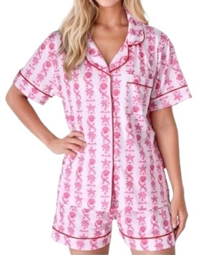Women's Preppy Pajamas Set Button Down Beach Shorts Set Y2k Loungewear Pjs For Birthday Valentines Party Gift(Pink,Small)