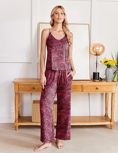Image of Ekouaer Womens Y2K Cami Pajama Set with Flare Pants, 2 Piece Lace Trim Sleepwear Spaghetti Strap Pjs Set XS-2XL