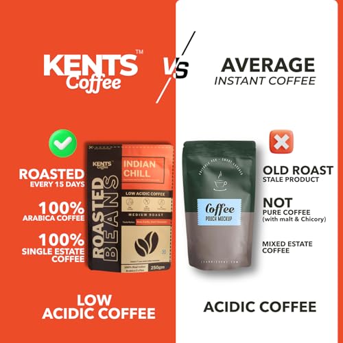Image of Kents Coffee Indian Chill Roasted Coffee Beans | LOW ACIDIC COFFEE | Whole Bean | Best Medium Roast Bean | 100% Arabica Beans from Chikmagalur Single Estate Speciality Pouch | Taste like Earthy, Bold & Dark Chocolate Notes | Freshly Roasted Everytime (200gm) | Gut Friendly