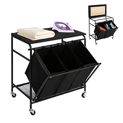 HollyHOME Laundry Sorter Cart with Ironing Board with Side Pull 3-Bag Heavy-Duty Laundry Hamper and 4 Wheels Black