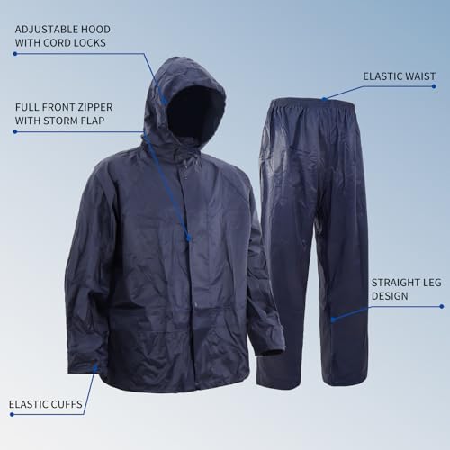 Image of Men's Lightweight Waterproof Rain Suit - Reflective Jacket & Pants with Hood for Outdoor Work, Fishing, Hiking