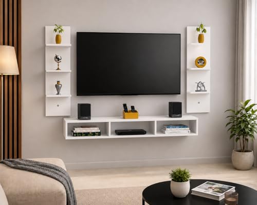 Image of DAS Bolivar High Strength Engineered Wood Wall Mount TV Entertainment Unit /with Set Top Box Stand and 6 Wall Shelf Display Rack for Living Room Frosty White Large(Ideal for Up to 55 inch) Screen