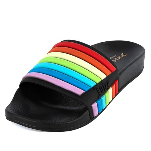 La mejor comparación de Pisos para baños - los mas comprados. 33 Juicy Couture - Sandalias de playa suaves y ligeras para mujer, sandalias casuales para ducha, playa, piscina, baño, zapatos planos, Black Rainbow Multi, 8 US