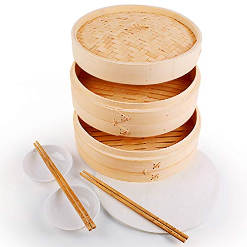 10 Inch Bamboo Steamer Basket, 2 Tier Asian Kitchen Bamboo Steamer for Cooking Dumplings, Fish, Vegetables and Dim Sum, 100PCS Paper Liners, 2 Pack Sauce Dishes and 2 Pairs of Chopsticks Included