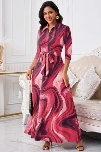 Image of Runwind Women Church Maxi Dresses 3 /4 Sleeve Button Down Print Casual Office Dress African
