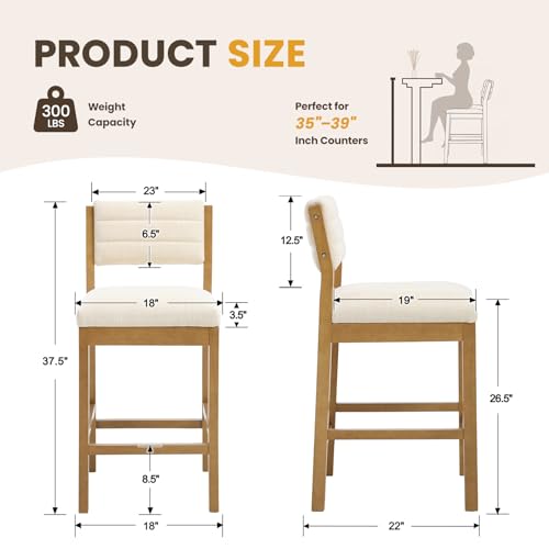 Image of RIVOVA 26 inch Bar Stools Set of 2 Counter Height Bar Stools for Kitchen Counter, Modern Upholstered Barstools with Back and Wood Legs Linen Stools Farmhouse Island Chairs, Beige
