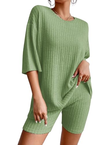 EFOGEP Schlafanzug Damen Pyjamas Set 2PCS: Lounge Wear Rippenstrick Pullover Top T-Shirt + Biker Shorts Loungewear Pjs Trainingsanzug Nachtw�sche...