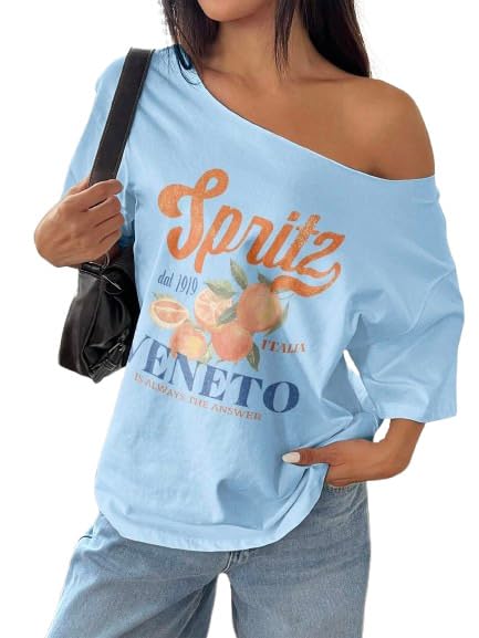 Image of SXV STYLE Women Summer Loose Asymmetrical Neck Cocktail Fruit Orange Y2K Graphic Oversized T-Shirt