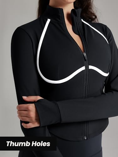Women Workout Jacket Cropped Contrast Seam Zip Up Athletic Jacket Yoga Sportswear with Thumb Holes4