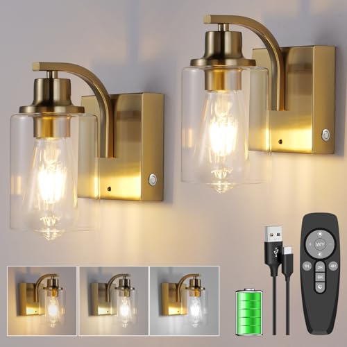 Battery Operated Wall Sconce Set of Two, Gold Rechargeable Wireless Wall Lights with Remote Timer, Dimmable Touch Wall Lamp with Clear Glass Shade, Cordless Wall Decor for Bedroom Living Room Hallway