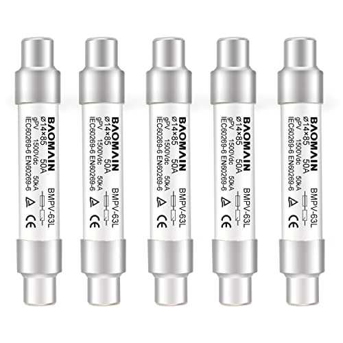Baomain Solar PV Fuses, 1500 VDC gPV Type Fuse Link,14 X 85 mm 50kA Photovoltaic Fuses BMPV-63L CE Pack of 5 (50 Amp.)