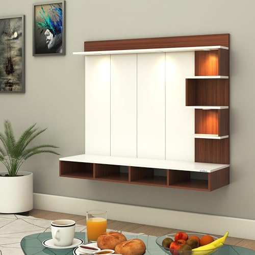 Image of Anikaa Kasey Engineered Wood Wall-Mount TV Unit with PVC Back Panel & LED Lights | TV Cabinet with Storage Box & Decorative Shelves (Walnut /White) Ideal for TVs up to 55 Inch | DIY Installation
