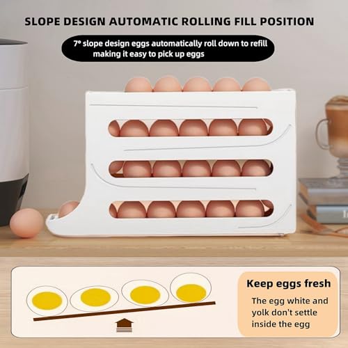 Image of Egg Holder for Refrigerator - 4-Layer Rolling Dispenser, Large Capacity Container Tray for 28 Eggs (White)