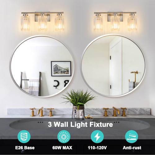 Image of 3 Light Bathroom Light Fixtures Modern Brushed Nickel 18 Inch Vanity Lights for Bathroom Lighting Fixtures Over Mirror with Thickened Glass Shade for Cabinet Mirror Bedroom Hallway