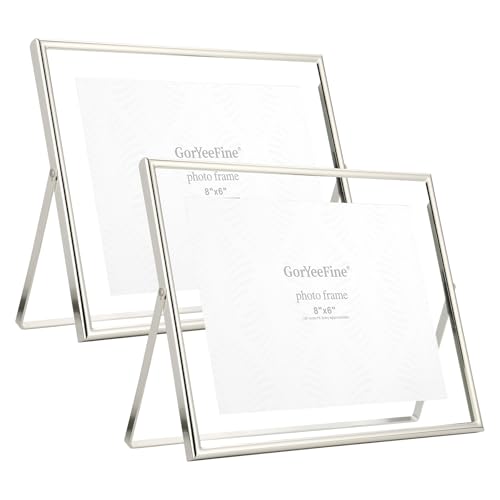 Silver 10x8" Floating Picture Frame(Horizontal) Set of 2 for picture (6x4'',7x5'',8x6'',9x7''),Adjustable Tabletop/Shelf Photo Frame,Classy Gift Choice for Wedding,Christmas,Birthady,Home or Office Decor.
