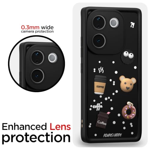 Image of Bintage Cute Fun Ball | Taddy Cartoon 3D Smiley Coffee Cup | Milk Donut | Full Protection Rubber Back Cover Compatible for Vivo V2404 / Vivo T3Pro 5G - Black