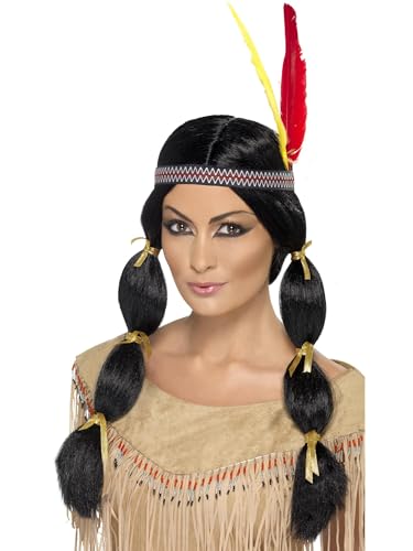 Smiffys Perruque inspirée amérindienne, noire, avec nattes et bandeau Halloween