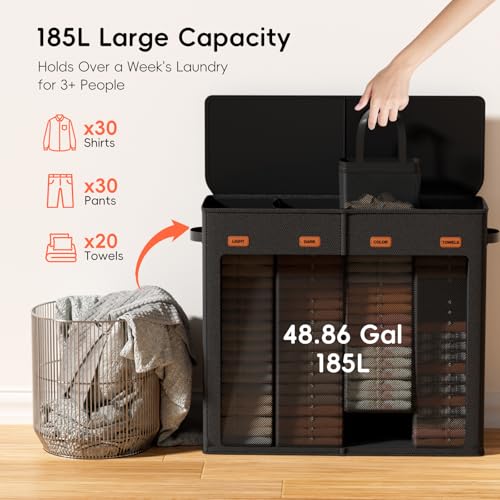 Image of 185L Laundry Hamper 4 Section with Lid | 4 Removable Bags + 1 Extra Large Bag, Switchable 3 /4 Compartment, Laundry Basket Organizer for Bedroom, Laundry Room