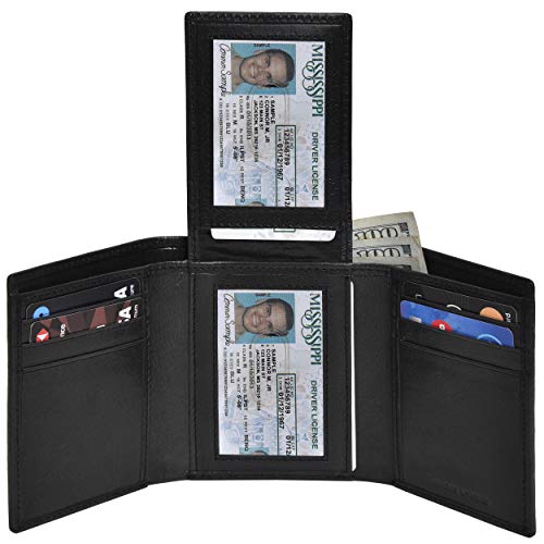 Leather Trifold Wallets for Men with Rfid and 9 Credi Card Front Pocket Wallet (Black)