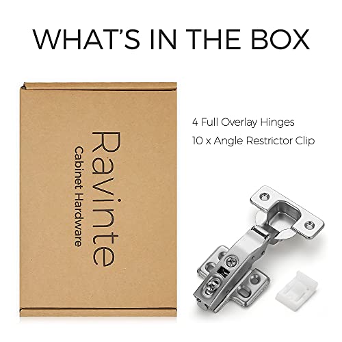 Ravinte 4 Pack European Full Overlay Cabinet Hinges & 10 Pack Hinge Opening Angle Restrictor Clip #TOP2