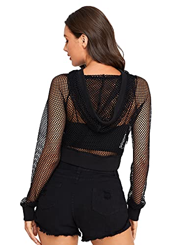Verdusa Women's Sexy Long Sleeve Fishnet Pullover Hooded See Through Mesh Crop Top Black S #TOP3