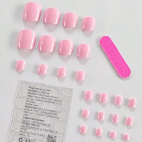 Image of Pink Press on Toenails Short Square Fake Toenails Summer Toe Nails Press ons Glossy Full Cover Stick on Toe Nail for Women Manicure 24Pcs