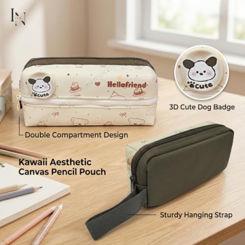 Image of Large Capacity Pencil Pouch Aesthetic Pencil Bag Multiple Compartments Girl Cute Stationery School College Pouch Travel Pouch for Girls Kids School Accessories (Beige Hello Friend)
