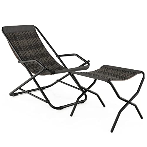 Costway Outdoor Folding Sling Chair, Patio PE Wicker Rocking Chair w/Armrests & Metal Frame, Outdoor Portable Beach Chair for Porch, Poolside, Mix Gray (Chair (with Footrest), Mixed Gray)