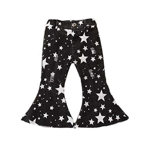 Girls Clothes Denim for Kids Baby Stars Trousers Pants Printed Flare Toddler Bottom Ruffle Ripped Girls Bell Jeans (Black, 4-5 Years)2