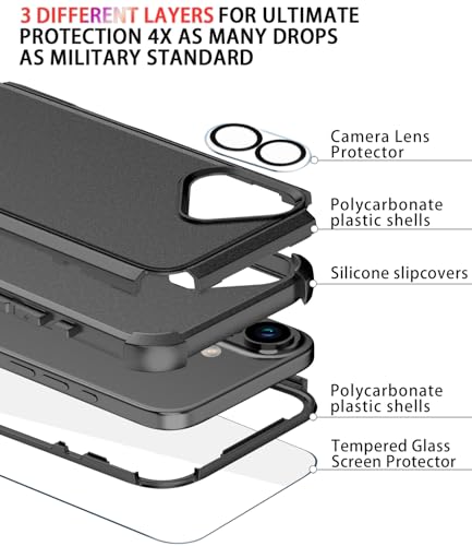 Image of Diverbox for iPhone 16 Plus Case [Shockproof] [Dropproof] [Tempered Glass Screen Protector + Camera Protectors] Heavy Duty Protection Phone Case Cover for Apple iPhone 16 Plus (Black)
