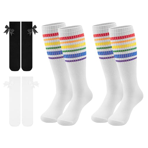 4 Pairs Kids Knee High Socks With Bow and Rainbow Socks Set