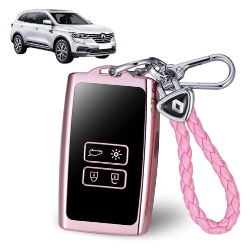 JIZZU Renault Protection Coque Clé, Coque de clé de voiture en TPU 4 Boutons, Porte-Clés de Voiture TPU avec porte-clés en cuir, Compatible avec Renault,...