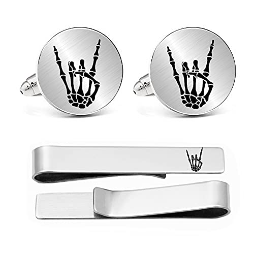Kooer Cufflinks For Men, Stainless Steel Rock On Skeleton Rock Hand Cufflinks And Tie Clip Set Mens Wedding Gift (silver-and-stainless-steel, cufflinks)